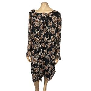 Harper 241 Womens Floral Chiffon Smocked Waist Dress Black Brown Size 12 Boho